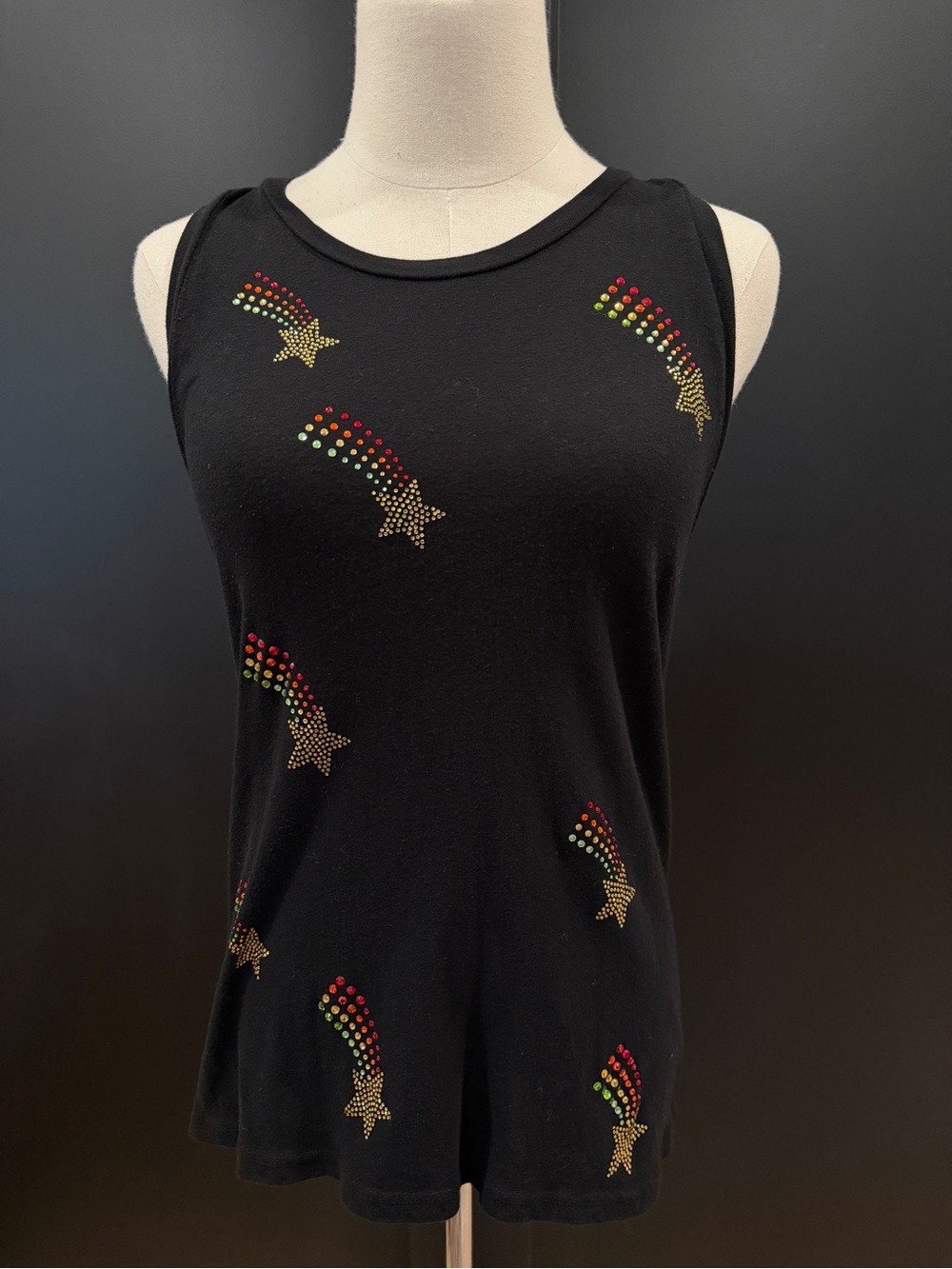 Lauren Moshi Peyton Shooting Stars Cotton Tank Top Gold & Rainbow Crystal Small
